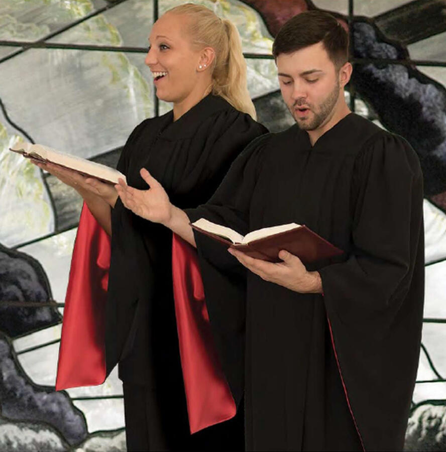Heidelberg Custom Choir Robe. Long pointed sleeves combine comfort and elegance. Contrasting inner sleeve in Mystique Satin. V-neckline. 12 color choices. 3 fabric choices: Viva $215.95, Tissue Faille $235.95, Wonder Crepe $239.95 (C-90cust)
