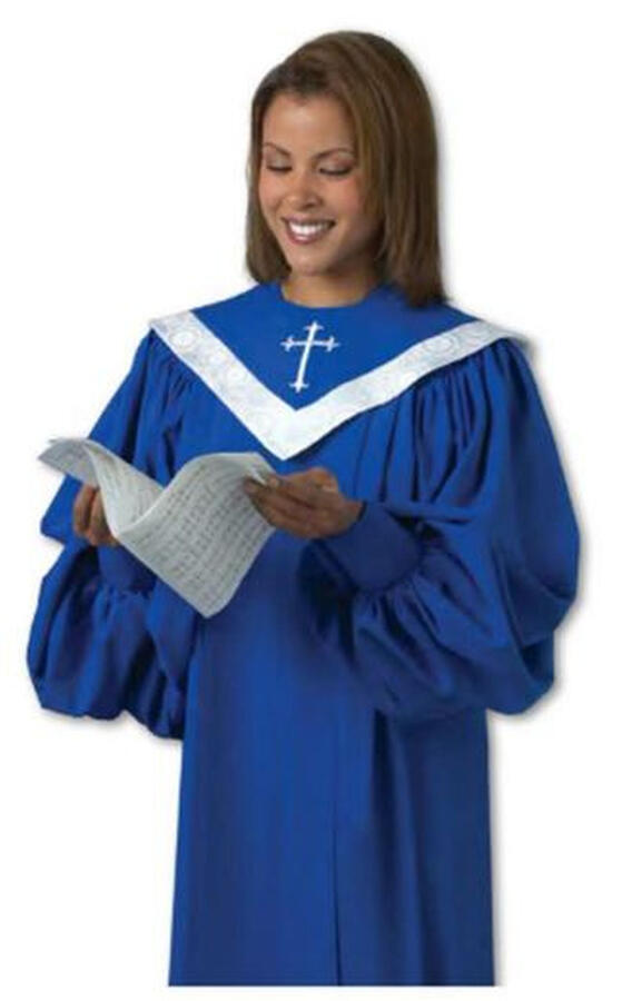 Anthem Hand-Tailored Choir Robe. Simple lines, classic design. Cuffed sleeves, V-neckline. 5 color choices. $169.95 (C-60)
