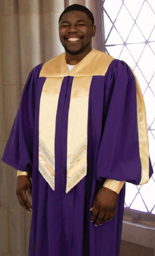 Festival Hand-Tailored Choir Robe. Contrasting yoke, front banner (trimmed in Metallic Gold Wheat ribbon), sleeve accents. V-neckline. 2 color choices. Viva fabric $249.95 (C-37)