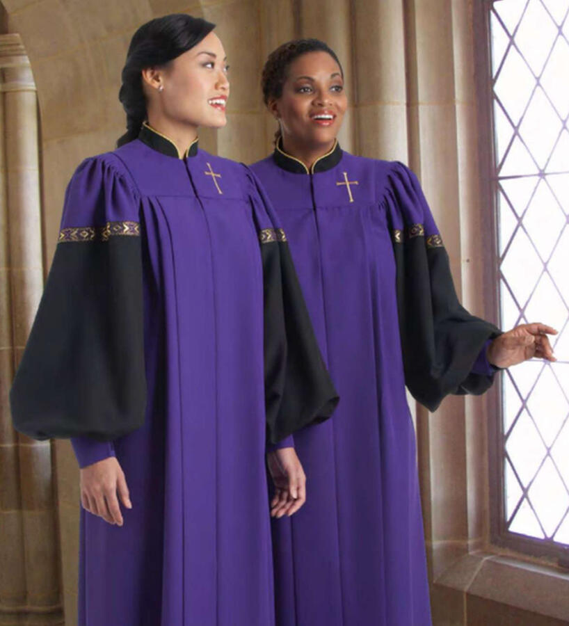 Galaxy Hand-Tailored Choir Robe. Dramatic and exciting. Coverall yoke. Contrasting collar (with gold piping) and sleeves (with ribbon trim and cuffs). Crestwood Purple Viva fabric. $239.95 (C-42)