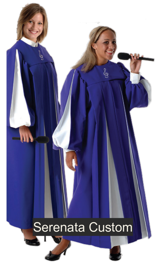 Serenata Custom Choir Robe. Vibrant and impossible to overlook, with contrasting inverted pleats and sleeves. 12 color choices. 3 fabric choices: Viva $249.95, Tissue Faille $259.95, Wonder Crepe $269.95