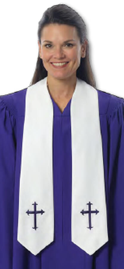 Triad Collection Stole. Solid color. V-tipped ends. 5" W, 30" L. Optional embroidery extra. 12 color choices. 3 fabric choices: Viva $28.95, Tissue Faille $30.95, Wonder Crepe $33.95 (202-cust)