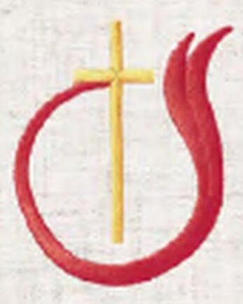Church of God Cleveland. Red flame wrapped around a cross. Gold, Silver, Metallic Gold, or Metallic Silver thread. 4 size choices: 2" to 5". $4 to $8 (D-90)