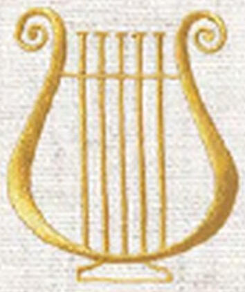 Lyre. Classic musical symbol. Gold, Silver, Metallic Gold, or Metallic Silver thread. 4 size choices: 2" to 5". $4 to $8 (S-37)